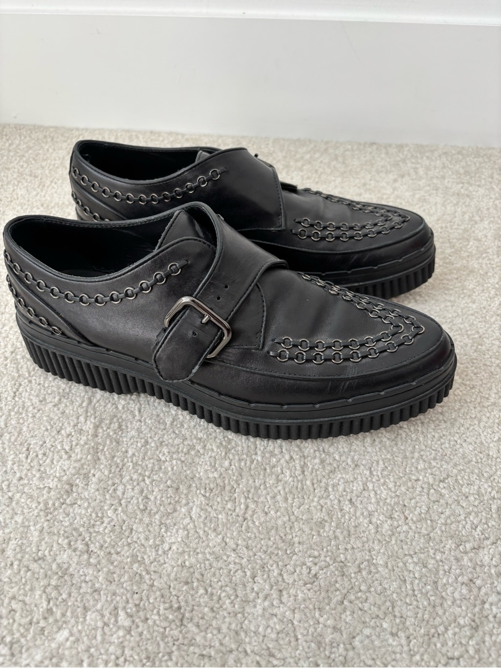 TOD’S Black Leather Monk Strap Loafers Platform Chain Detail Size 9.5 US - Picture 4 of 12